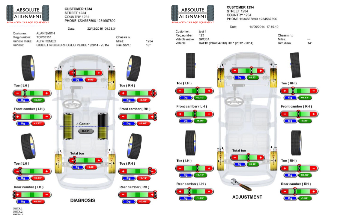 Professional print out shows suspension settings before and after adjustment